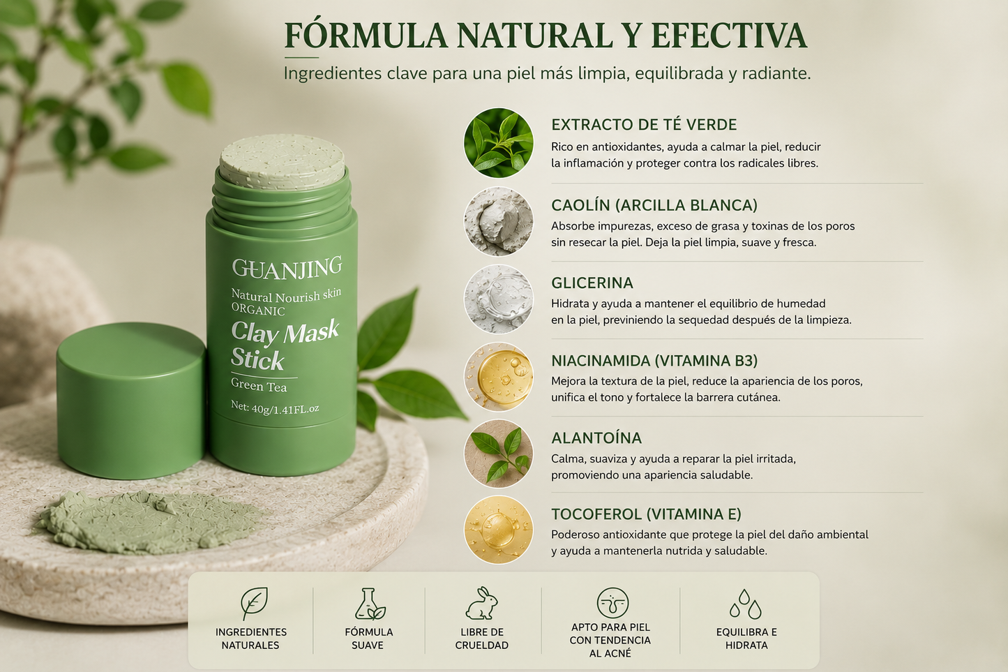 1+1 GRATIS Mascarilla de té verde en stick, piel limpia y luminosa desde el primer uso